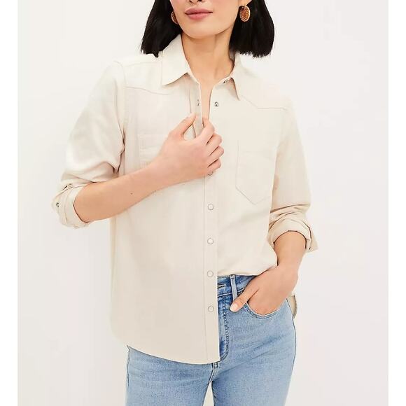 LOFT Cotton Western Long Sleeve Pearl Snap Shirt Top Ivory Cream Small - Picture 1 of 10